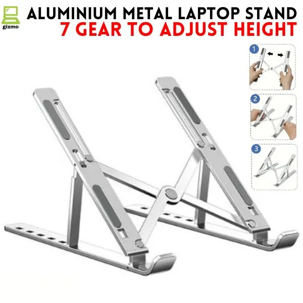 Aluminium Laptop Stand Silver For Laptop - 7 Gear To Adjust Height & Anti Slip Rubber Grip - Full Metal Body Adjustable Portable And Foldable Laptop Stand