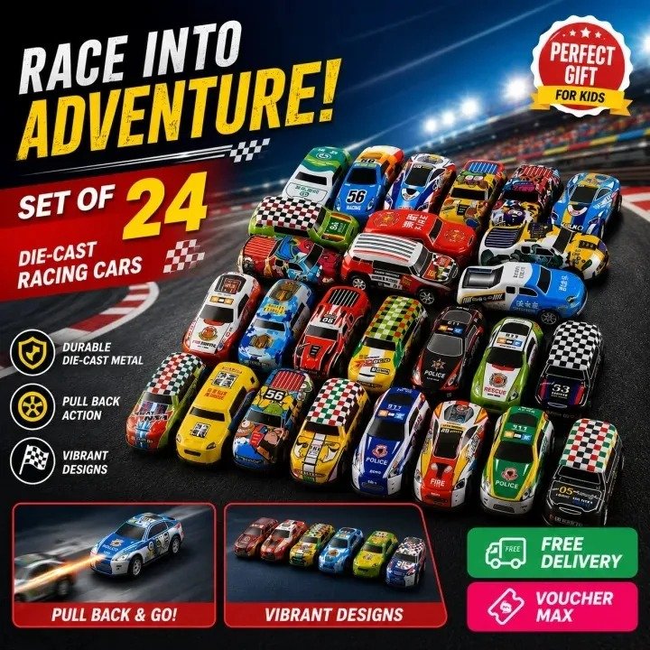 Set of 24 Alloy Pull Back Racing Cars for Kids – Die-Cast Metal Mini Sports Cars, Colorful Designs & Fun Action Toy Cars