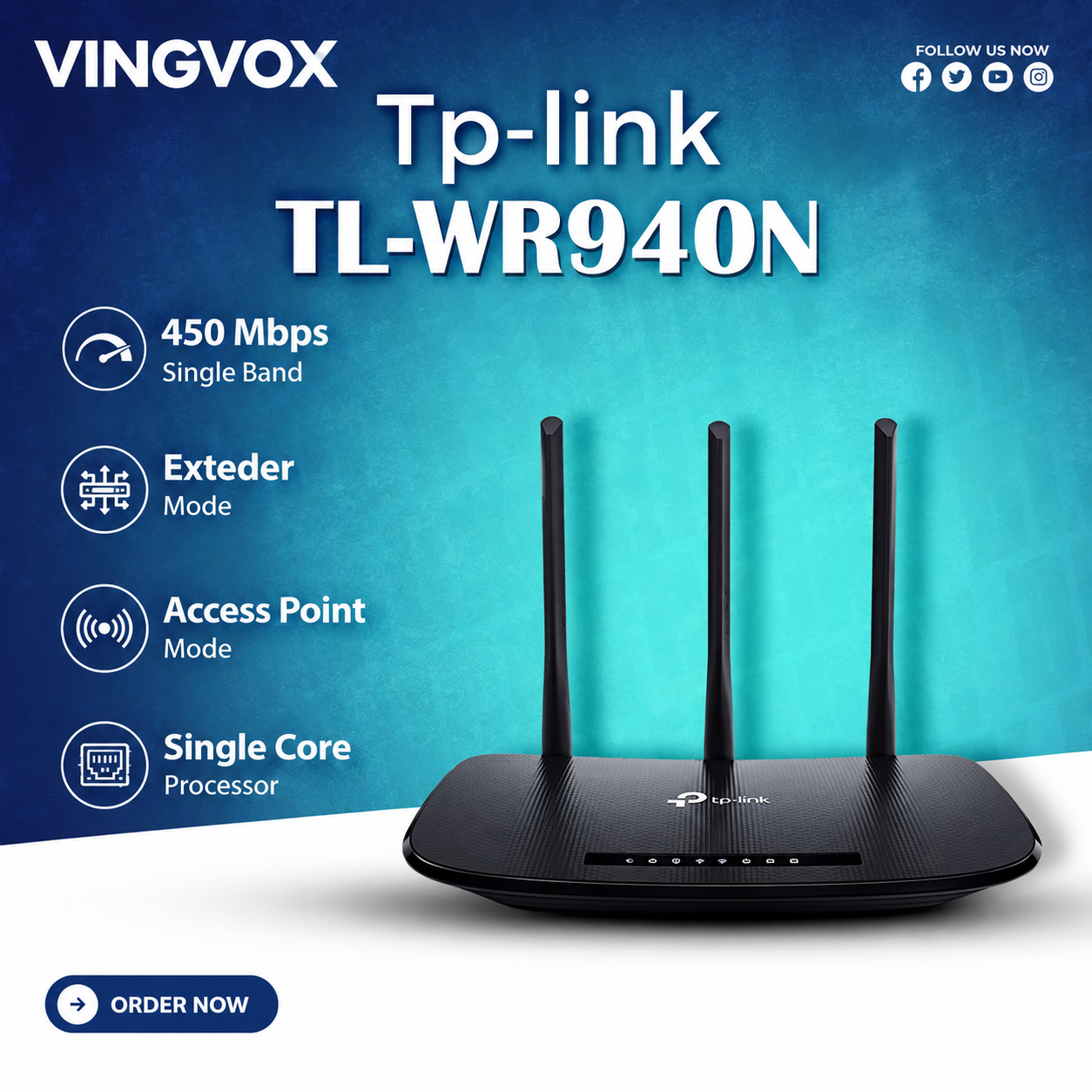 Recommended Title  TP-Link TL-WR940N WiFi Router 450Mbps Wireless N 3 Antenna 2.4GHz 4 LAN Ports Router – Slightly Used